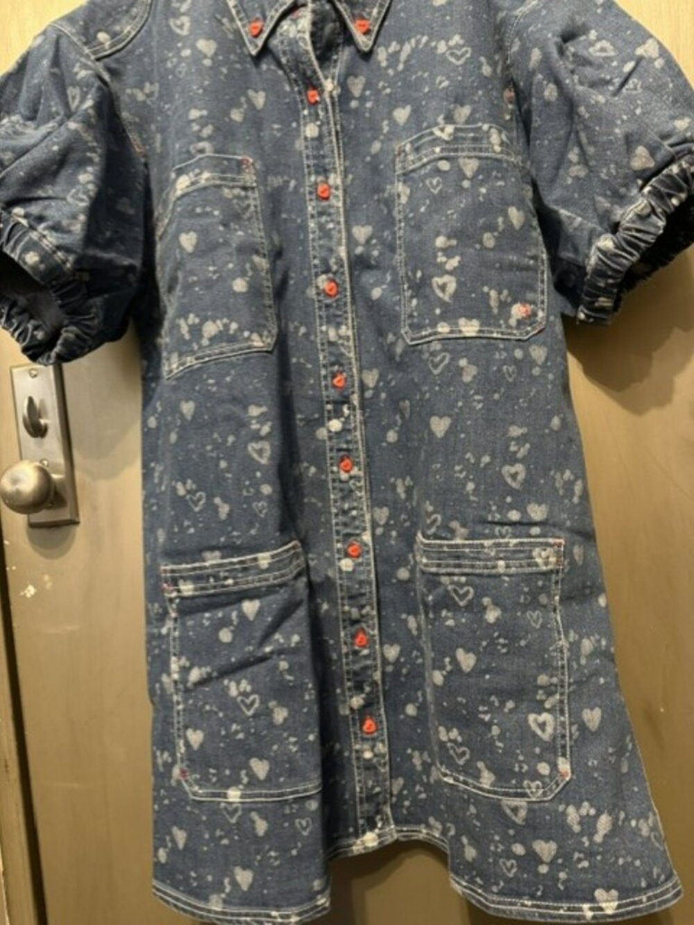 Pilcro Heart Print Denim Button-down Shift Mini Dress with Puff Sleeves - Picture 6 of 16